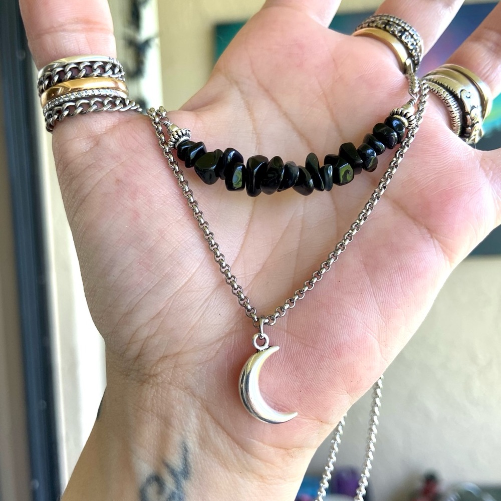 Necklace Double layer onyx & moon + earrings set - Picture 5 of 9